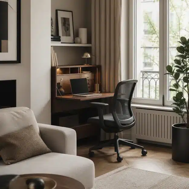 Coin télétravail discret intégré dans un salon multifonction